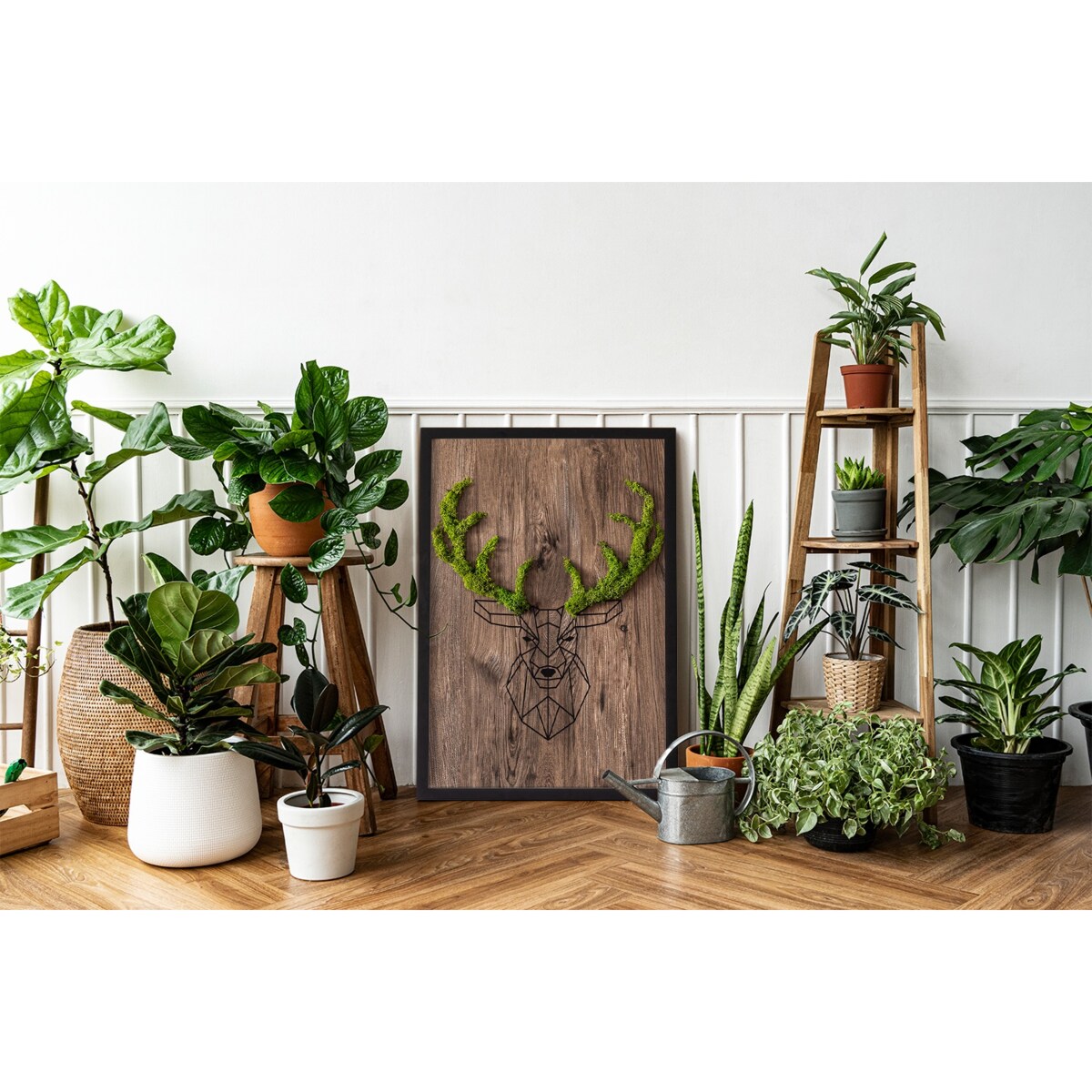 Obraz Głowa jelenia na drewnianym tle - mech chrobotek w czarnej ramie 40x60cm