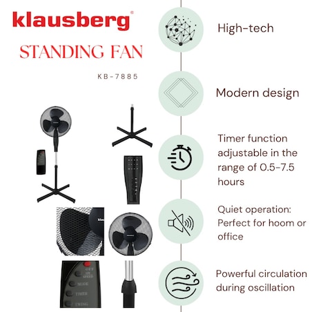 Wentylator podłogowy z pilotem i timerem 40cm 50W KLAUSBERG