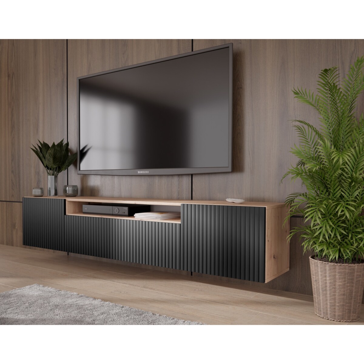 Szafka RTV MARCO wisząca pod telewizor, frezowane fronty- czarny-artisan