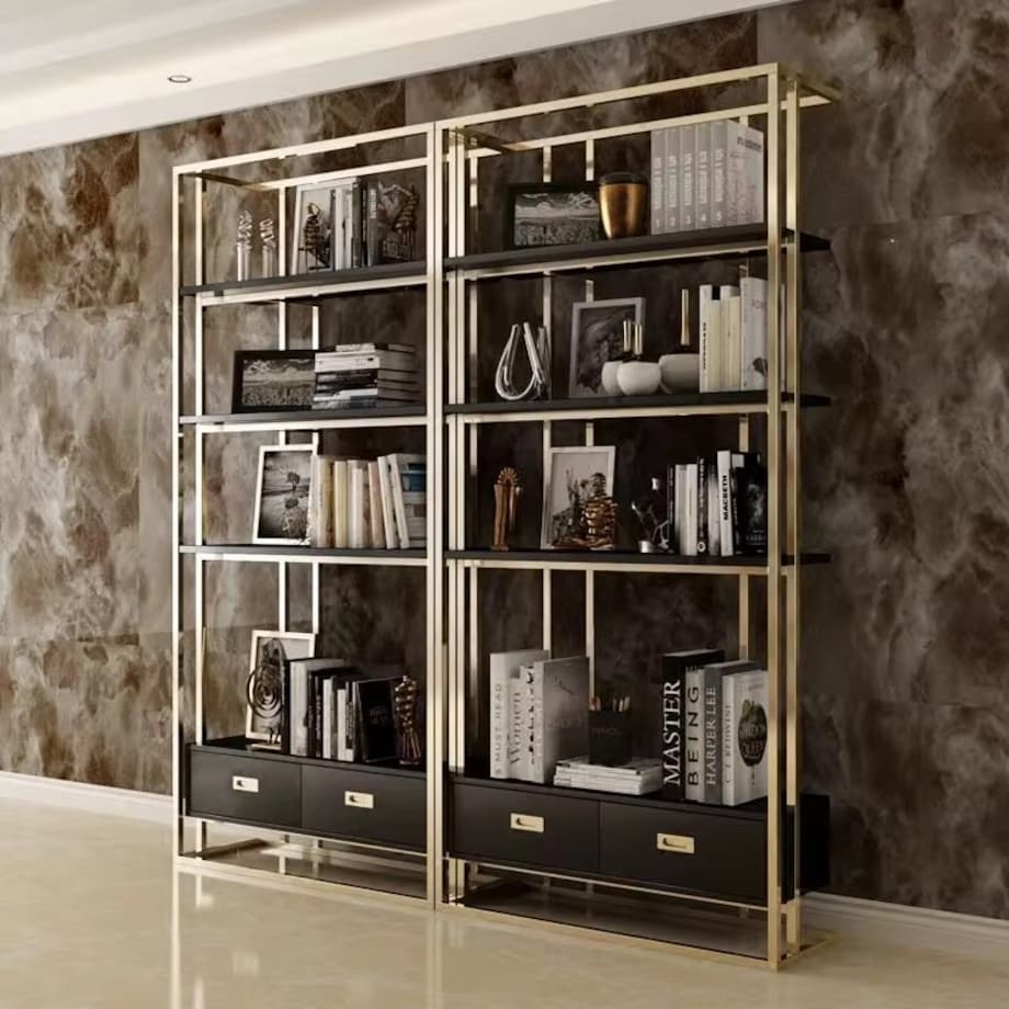 Nowoczesny regał czarny złoty ze stali nierdzewnej do gabinetu / do salonu /do sklepu / witryna Anew Black Premium 180x35x120