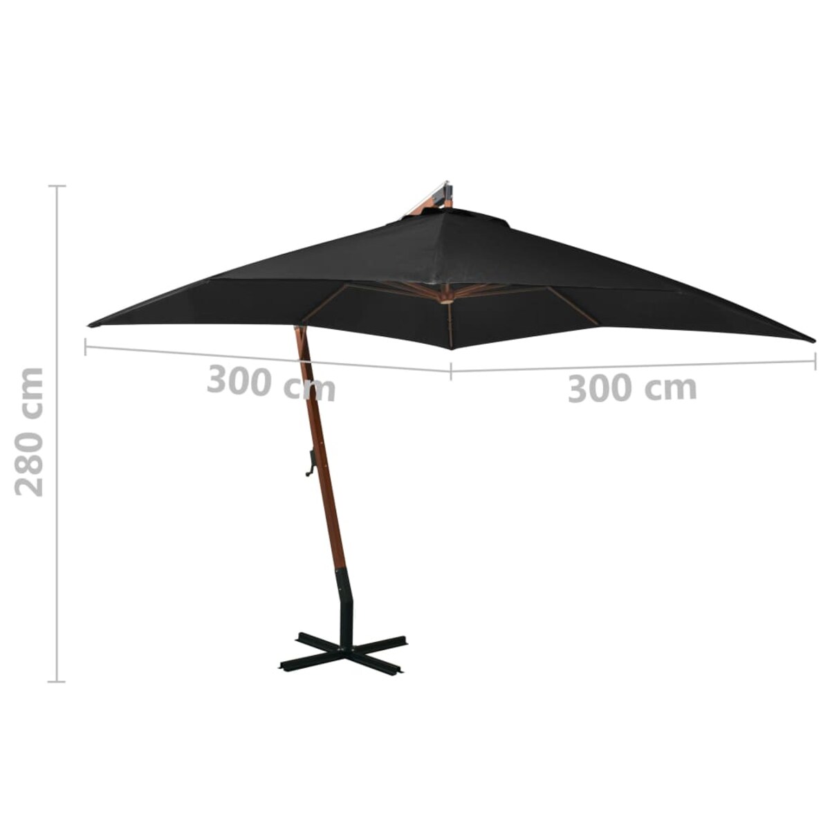 vidaXL Parasol ogrodowy wiszący, na jodłowym słupku, czarny, 3x3 m