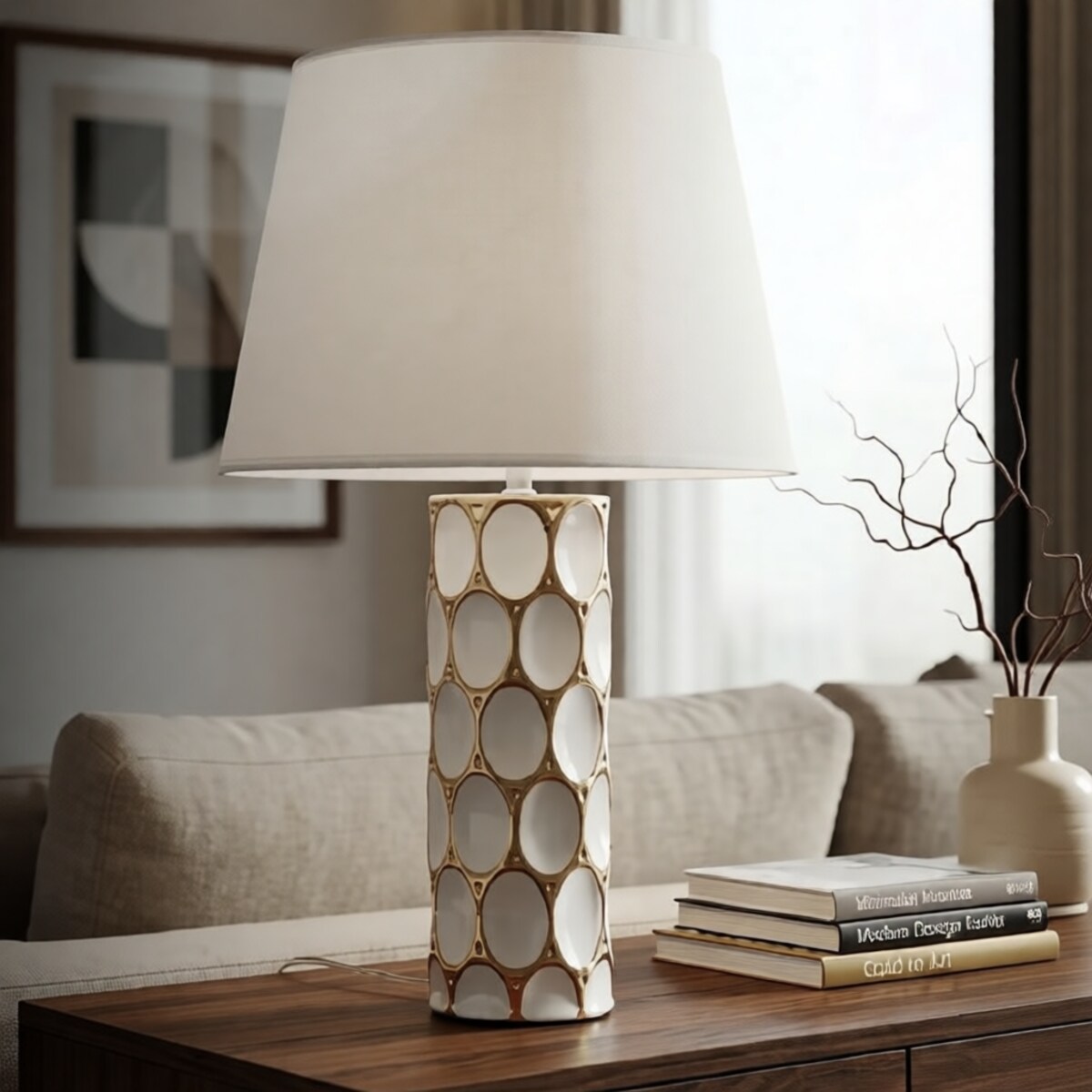 Lampa stołowa Glam Carv, kolor biały i złoty, ceramika i żelazo, 34,5 x 34,5 x 56 cm, 1 x E27, max. 40 W, do salonu i sypialni, Mauro Ferretti