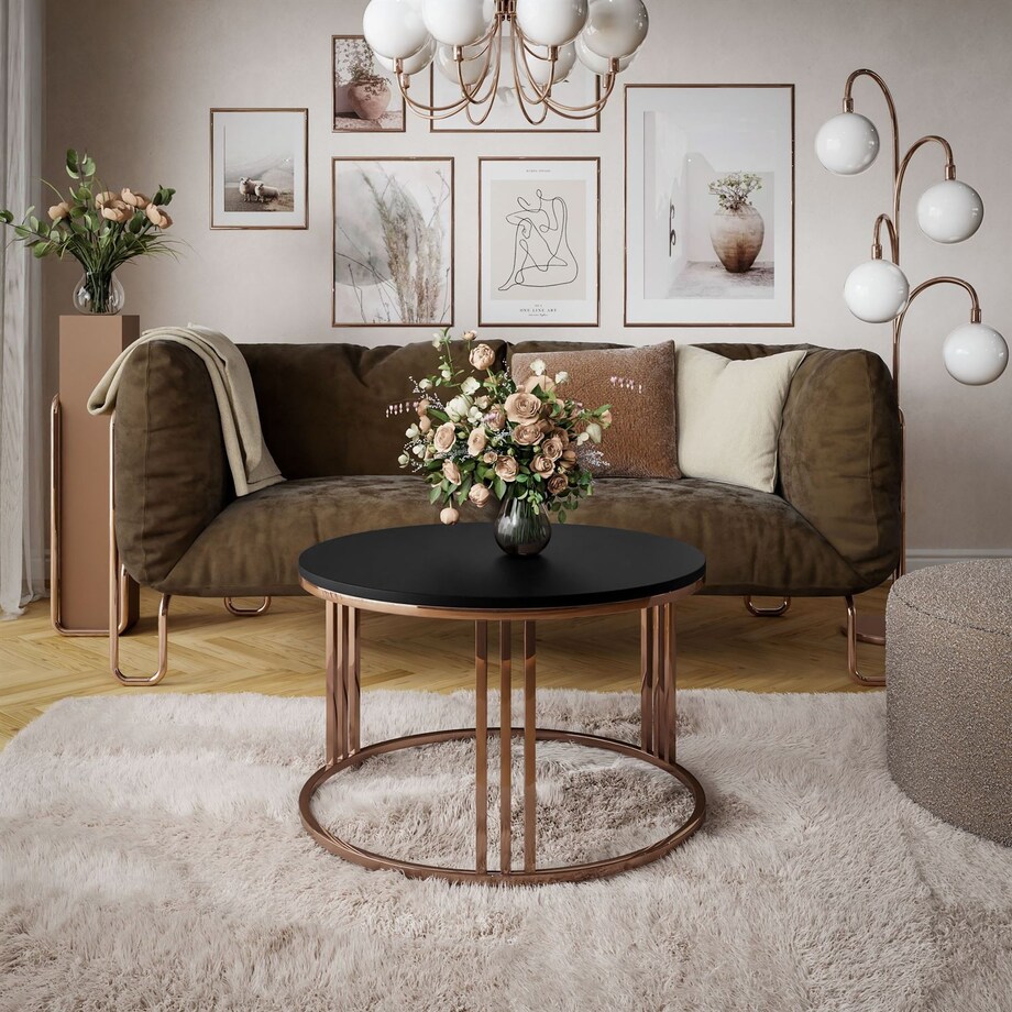 Okrągły stolik kawowy LORI mat z miedzianym stelażem, czarny mat