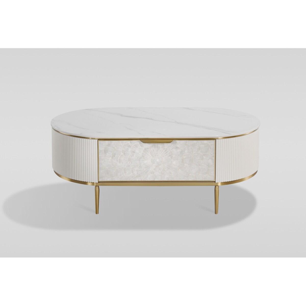 Kremowy stolik kawowy glamour Champion z muszlami i spiekiem 122x71x45