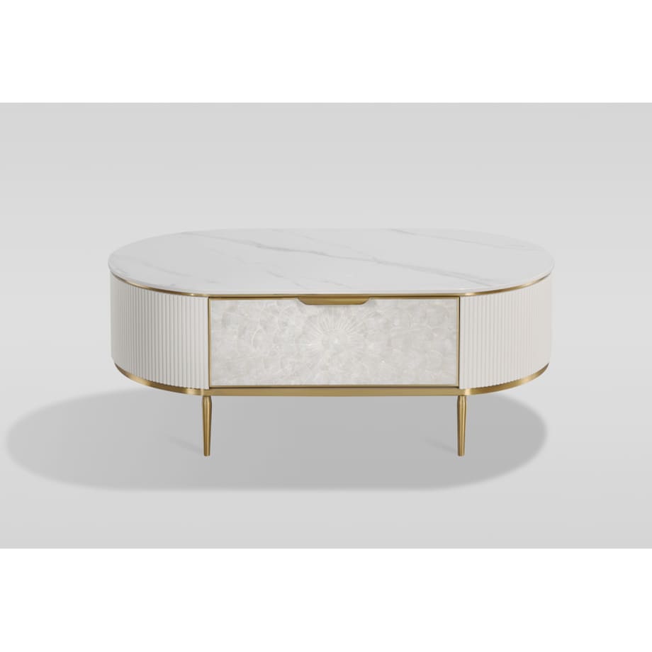 Kremowy stolik kawowy glamour Champion z muszlami i spiekiem 122x71x45