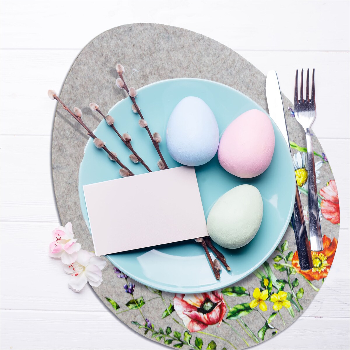 Podkładka Filcowa Wielkanocna Pisanka Na Stół Dekoracyjna Ozdobna Kwiaty Jasnoszara 40X31,5 Cm