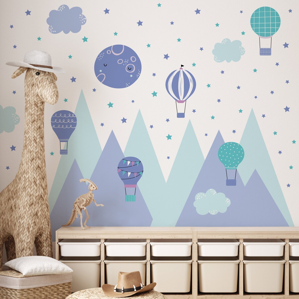 NAKLEJKI NA ŚCIANĘ DLA DZIECI KOLOROWE GÓRY BALONY CHMURKI GWIAZDY ZESTAW