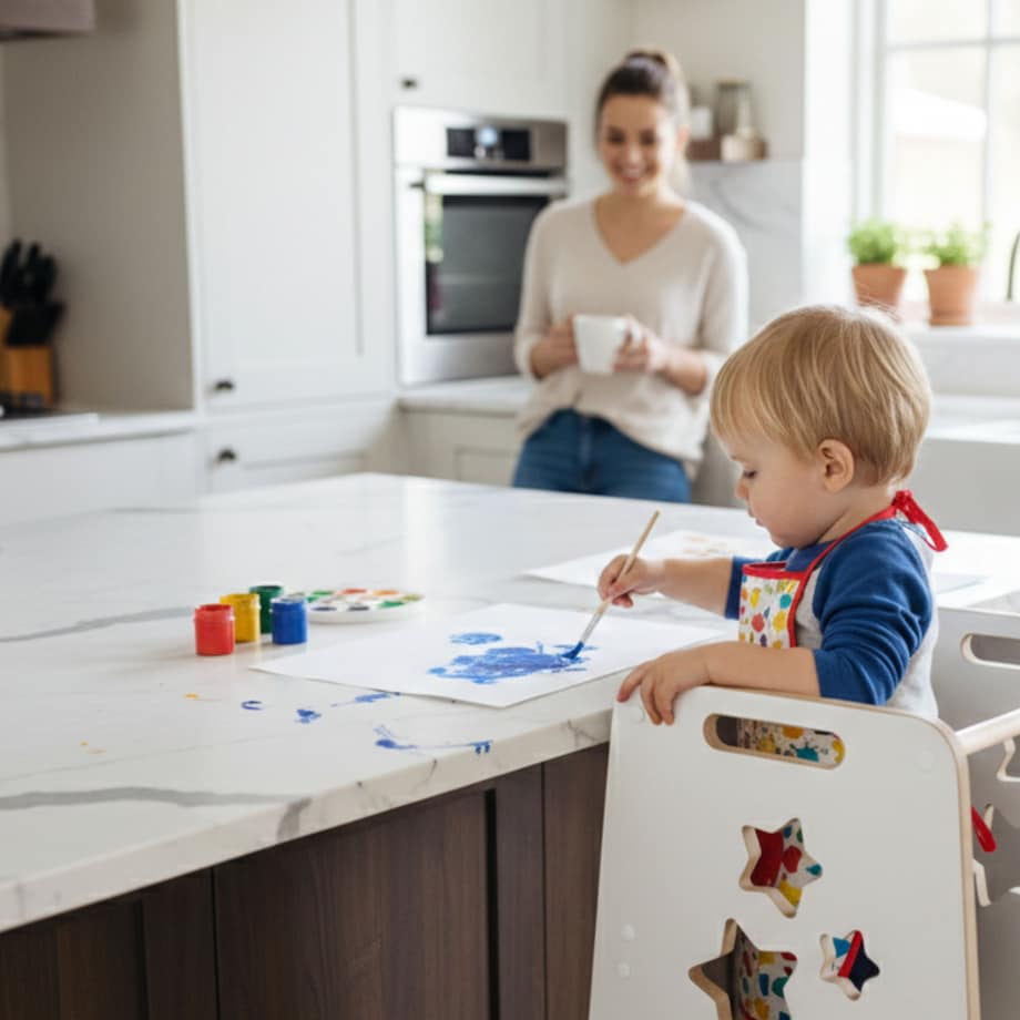 Pomocnik kuchenny solidny dla dzieci biały helper gwiazdki regulowany MDF drewno Verk.design