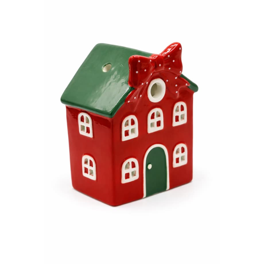 Ceramiczny domek na tea-lighty 15,3x12,1x9 cm czerwony z zielonym dachem