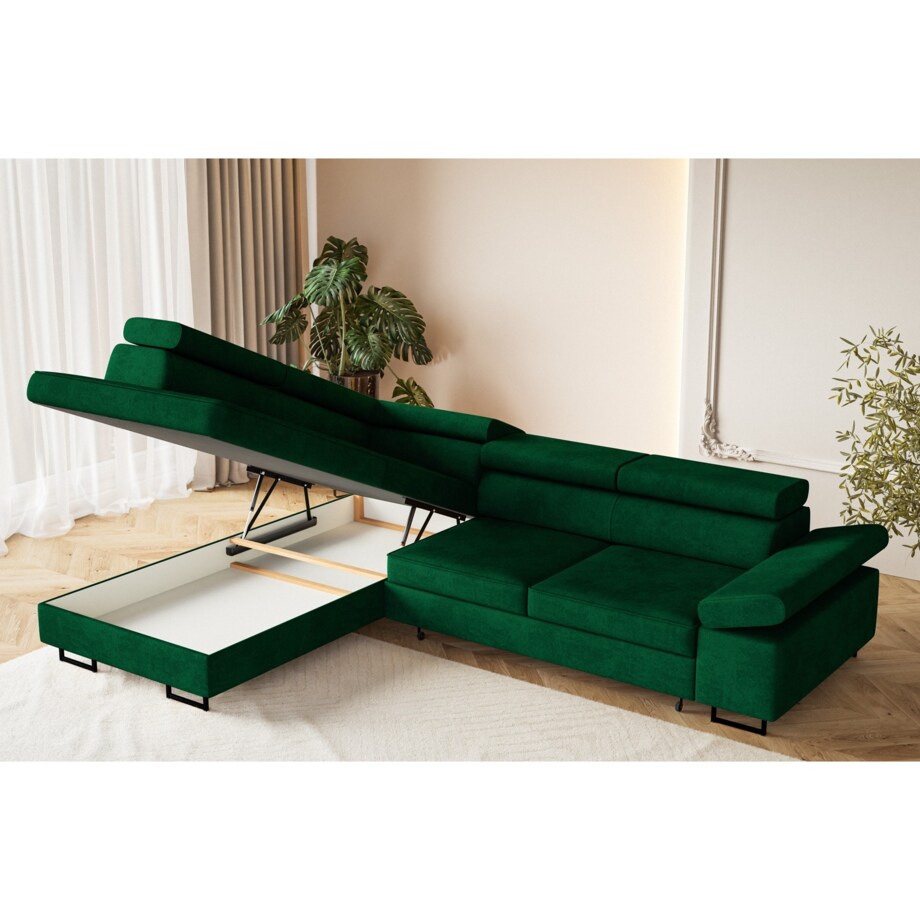 Narożnik ALEX z regulowanymi zagłówkami, lewostronny- butelkowa zieleń