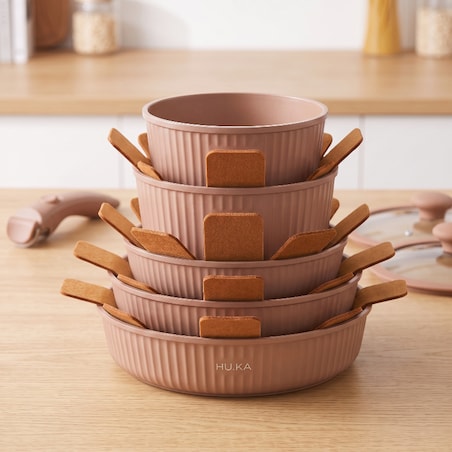 Zestaw garnków i patelni 20 el. HU.KA Nestio odpinana rączka indukcja - Warm Clay