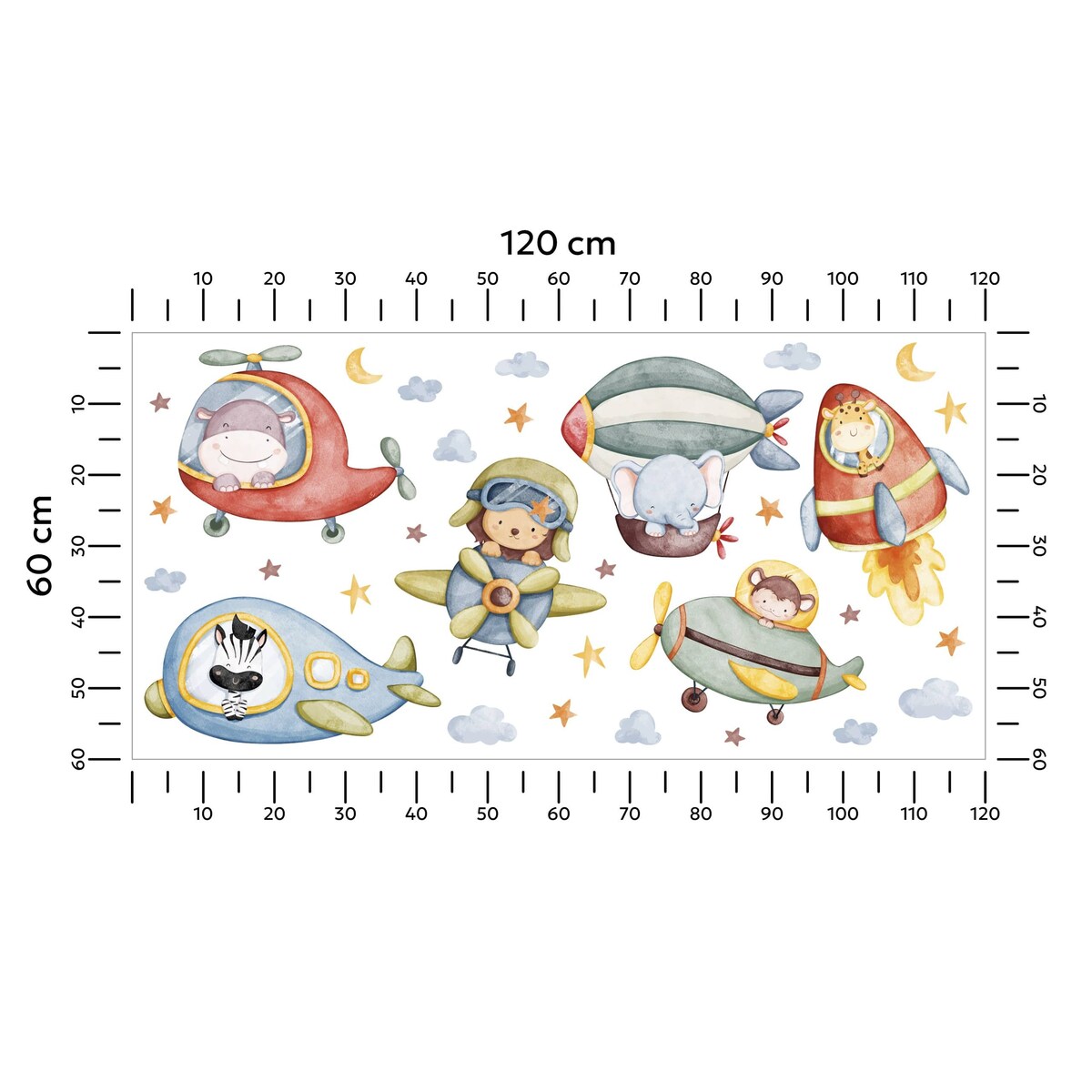 Naklejki Dla Dzieci Zwierzątka Chmury Gwiazdy Styl Boho Samoloty ZESTAW 120x60cm