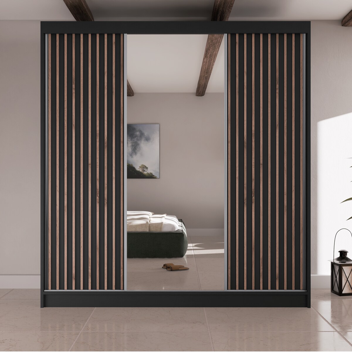 Szafa przesuwna lamele z lustrem i szufladami V200 do sypialni- czarna