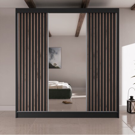 Szafa przesuwna lamele z lustrem i szufladami V200 do sypialni- czarna