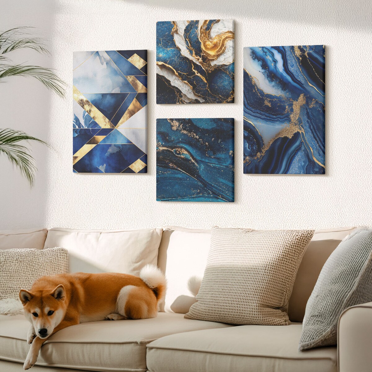 Zestaw 4 obrazów na płótnie - Abstrakcyjne eleganckie wzory - granatowy