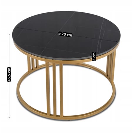 Stolik Kawowy Okrągły Ława Mały Złoty Glamour Marmur Czarny KORIN