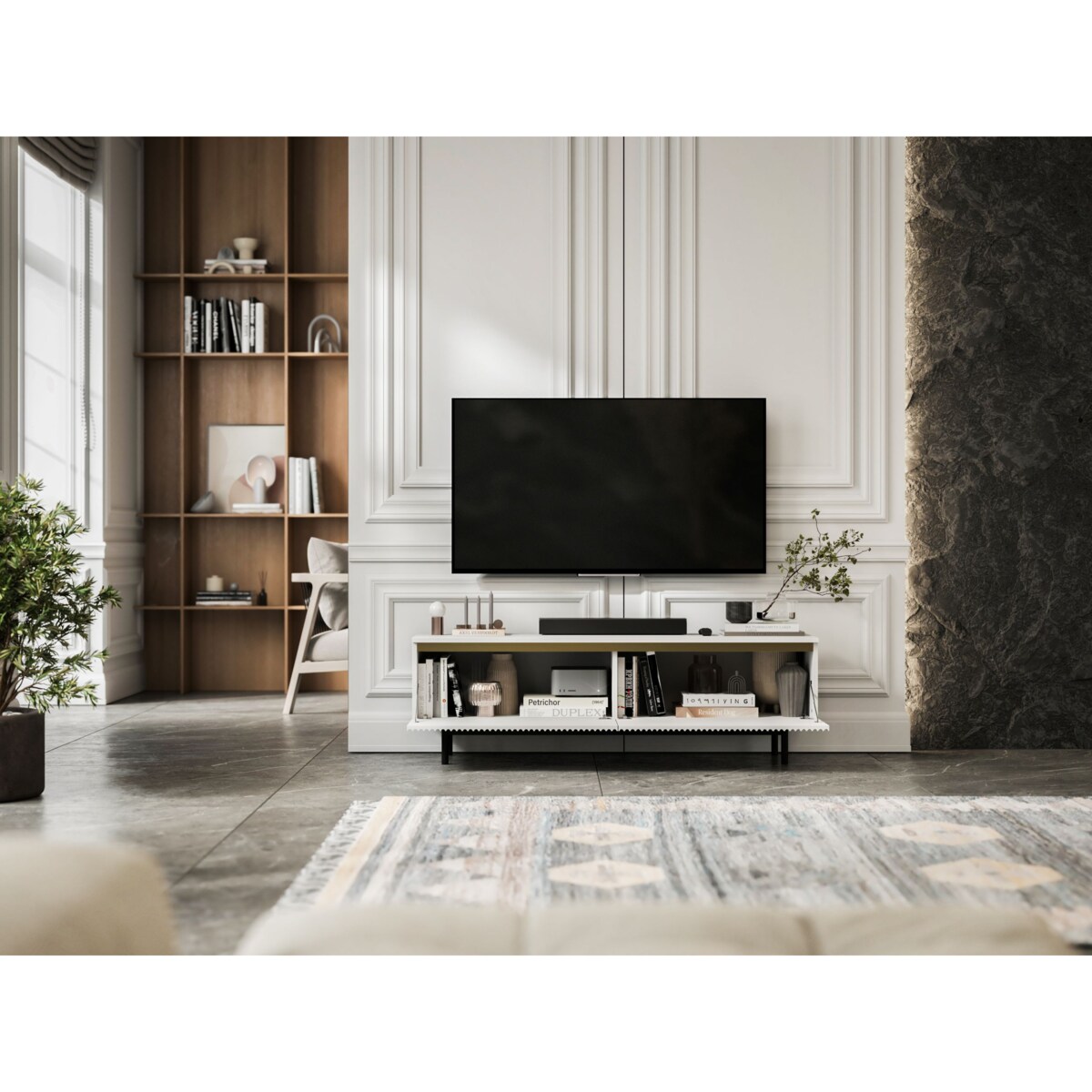 Nowoczesna Szafka RTV Komoda Glamour RTV Biały Mat rama w kolorze czarnym 140 cm