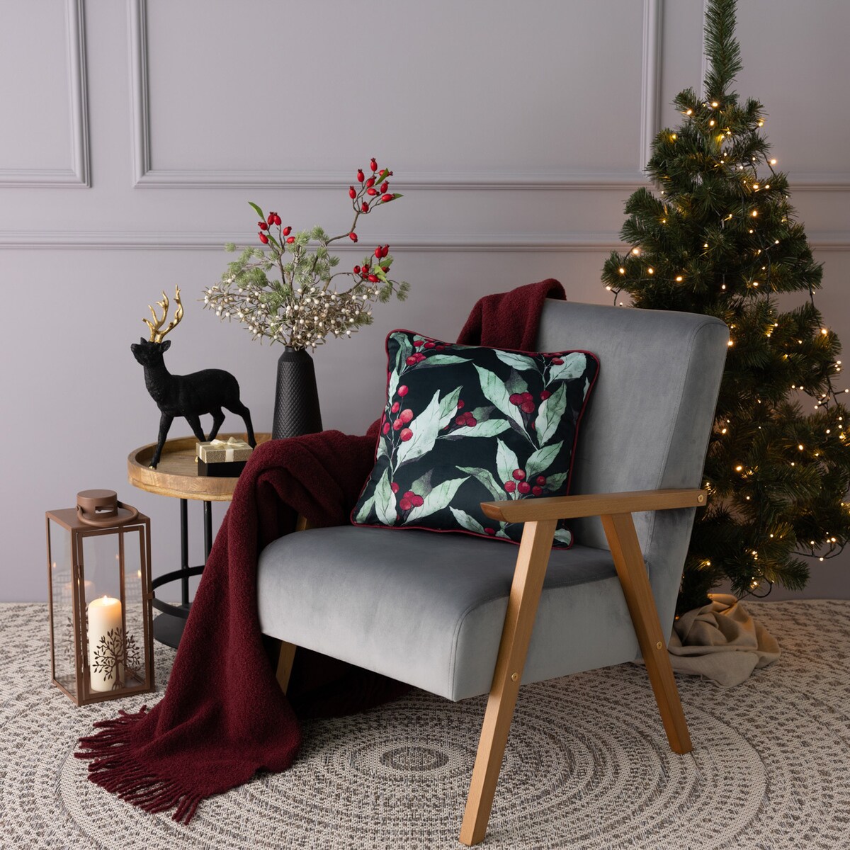 Poszewka na poduszkę Holly Bliss 43x43 cm boże narodzenie, święta, świąteczne, czarny-zielony-czerwony-wielokolorowy, 43x43 cm