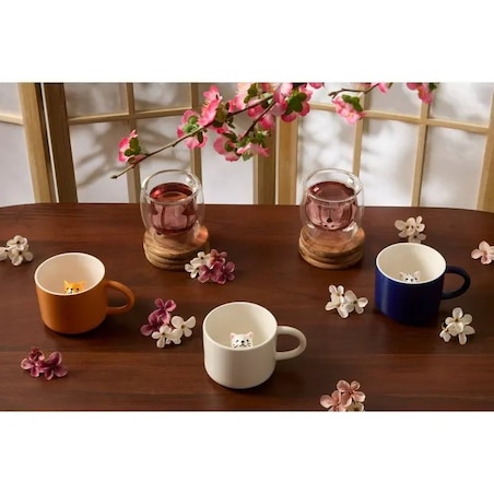 Kubek porcelanowy z kotkiem, pomarańczowy, kpl. 4 sztuk, Nippon