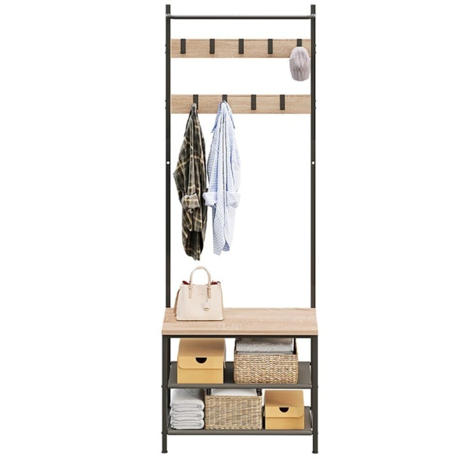 Wieszak na ubrania buty kurtki jasny brąz stojący podłogowy styl loft regał