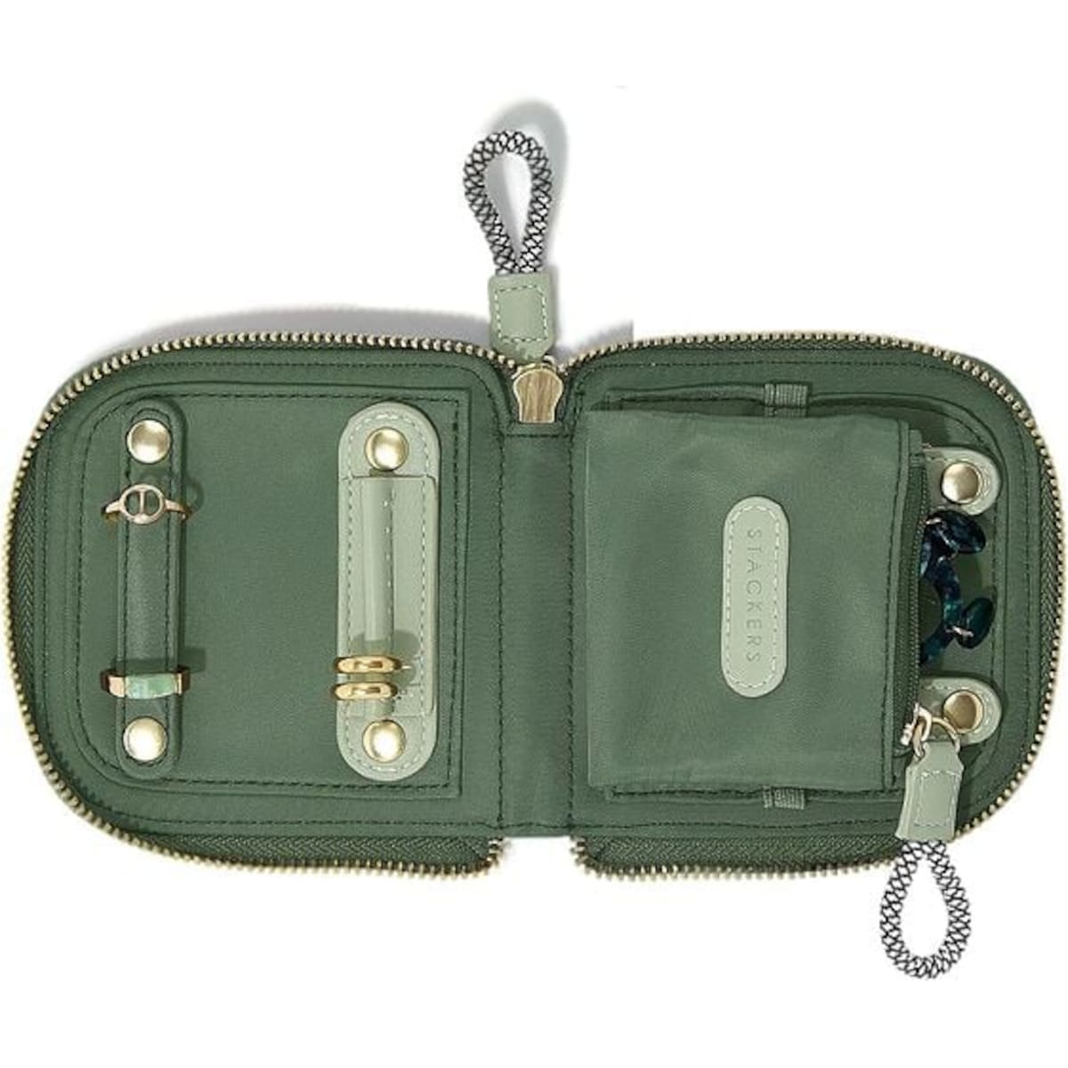 Pudełko podróżne na biżuterię z miejscem na pierścionki Stackers małe zielone nylonowe