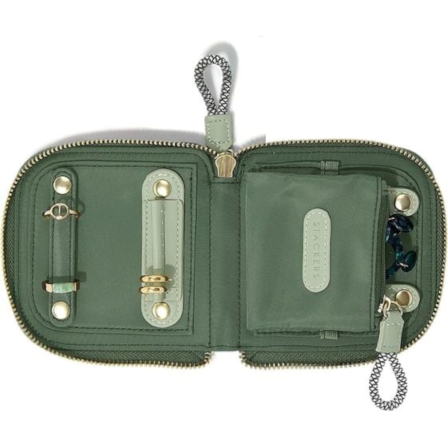 Pudełko podróżne na biżuterię z miejscem na pierścionki Stackers małe zielone nylonowe