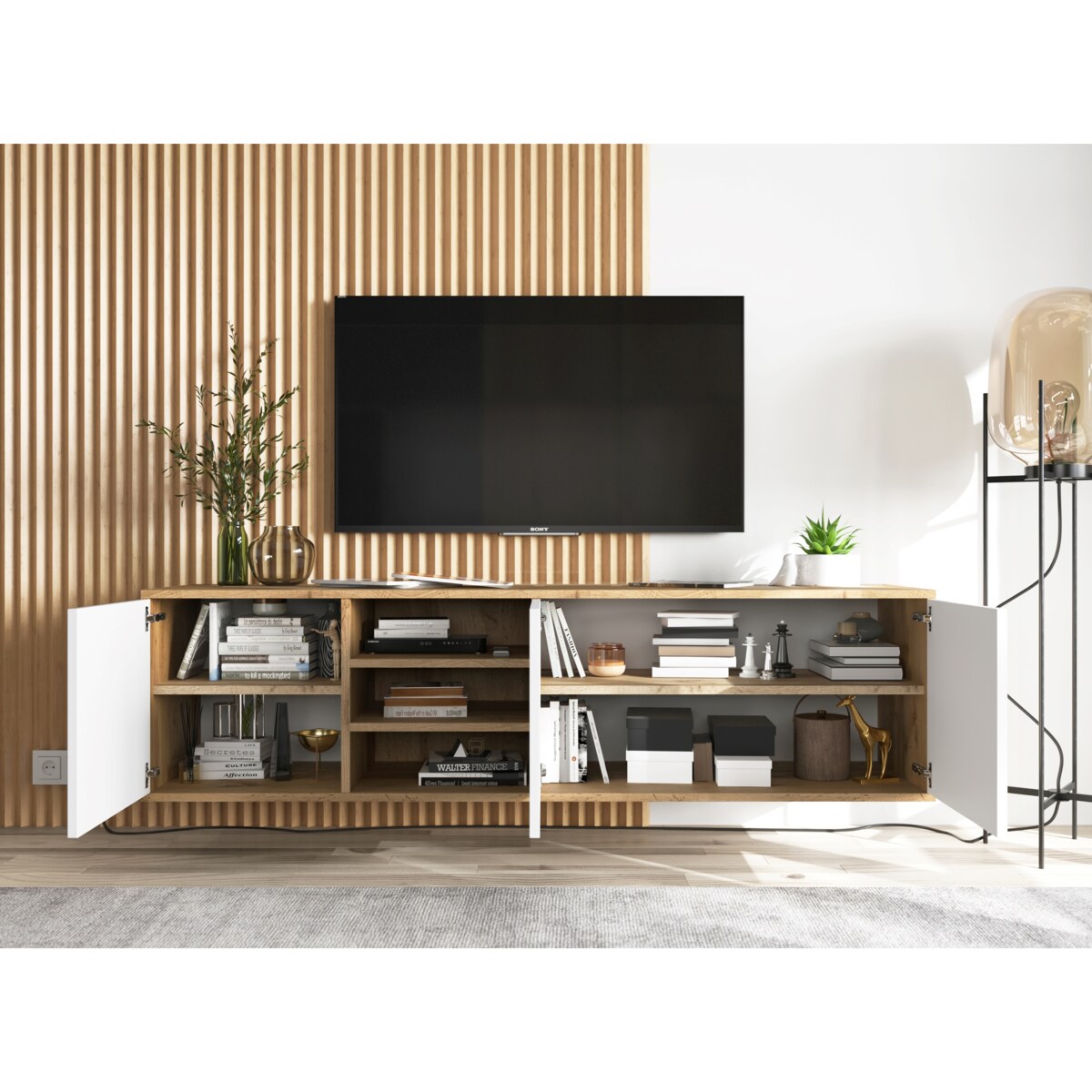 Wisząca Szafka RTV Komoda Industrialna Dąb Wotan Biały MAT 150 cm