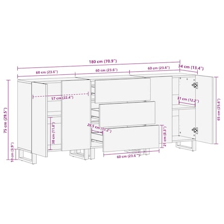 vidaXL Szafki, 3 szt., 60x34x75 cm, lite drewno akacjowe