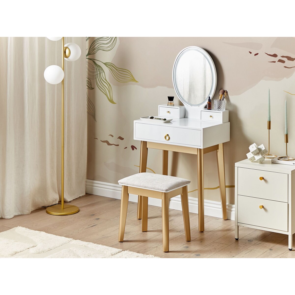 Toaletka 3 szuflady lustro LED ze stołkiem biało-złota ROSEY