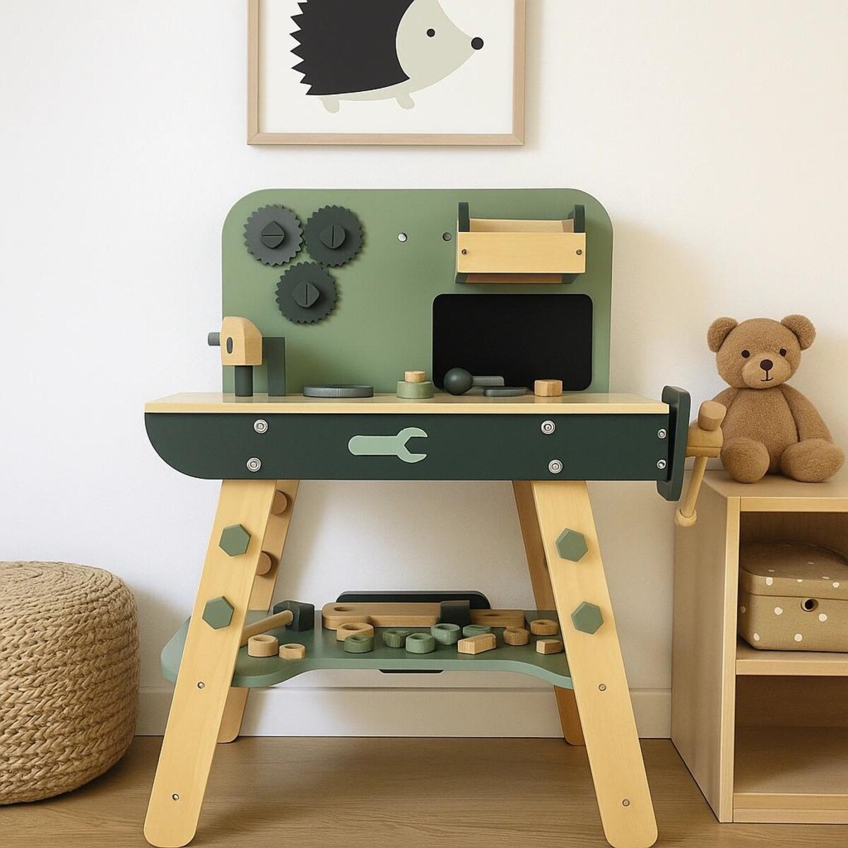 Drewniany warsztat dla dzieci z narzędziami – zestaw majsterkowicza Montessori 3+ z imadłem i akcesoriami