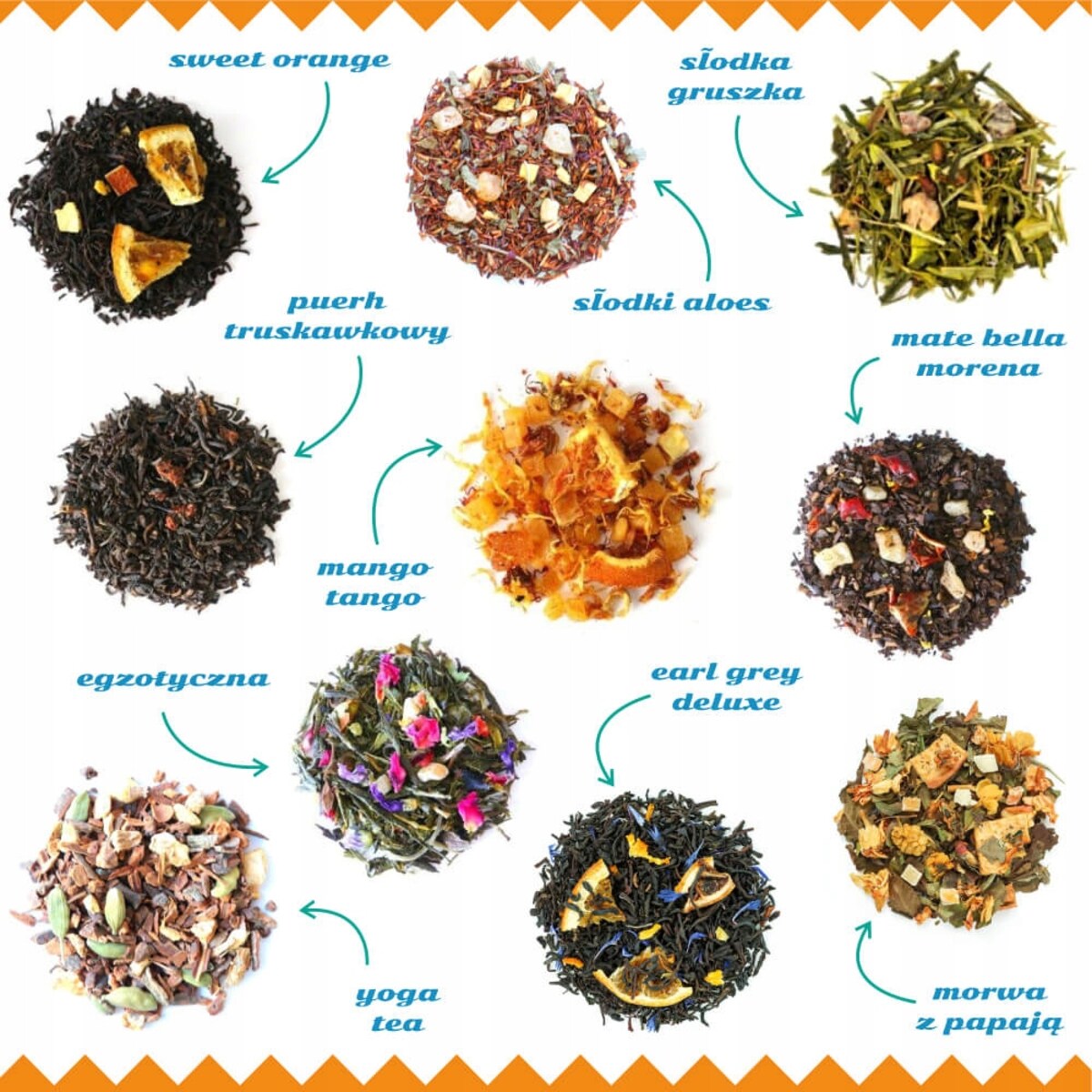 Gotowy zestaw prezentowy personalizowany POMARAŃCZOWY herbata sypana PREMIUM różne smaki mix 10szt. prezent upominek podziękowanie dla kobiety faceta mamy