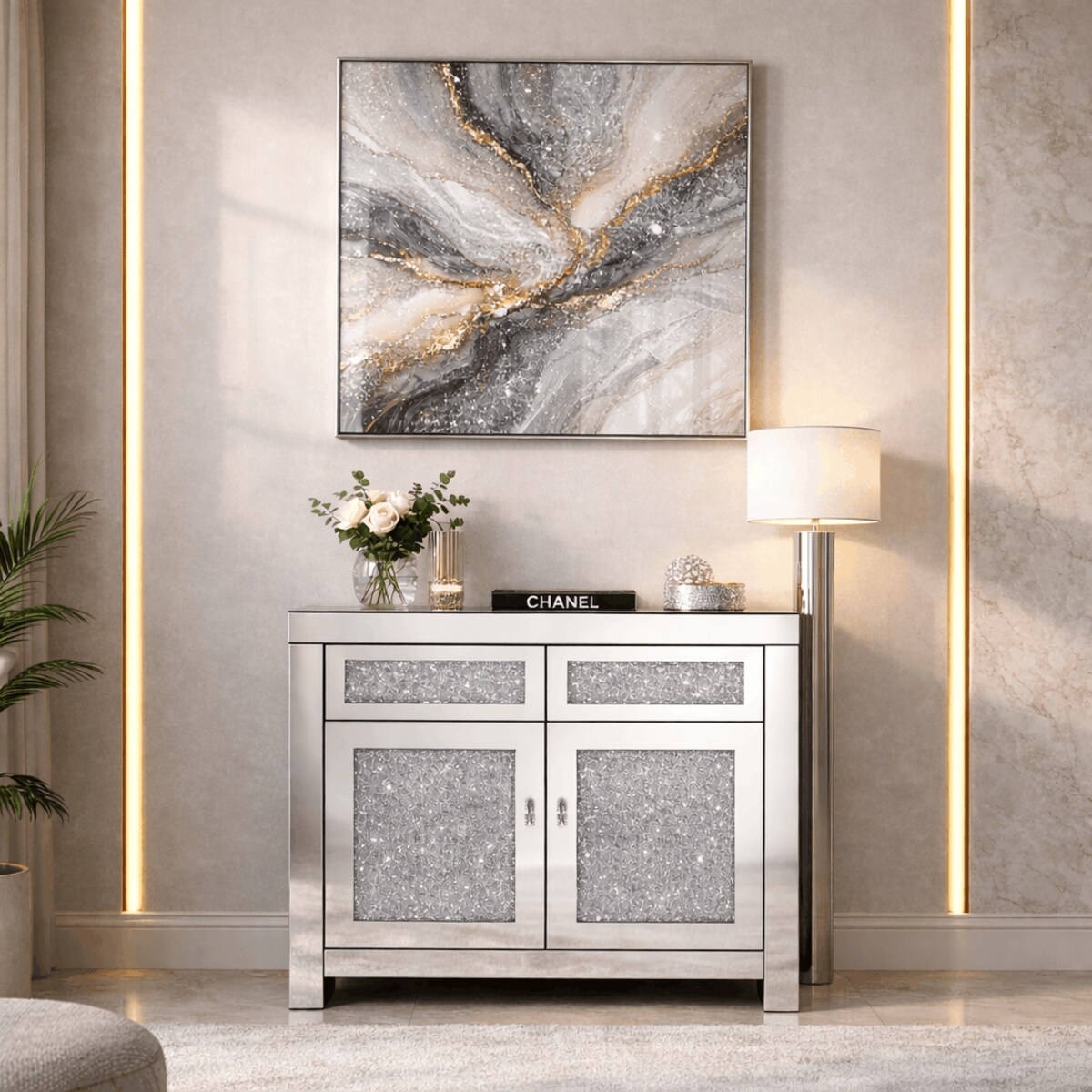 Komoda glamour szklana lustrzana z kryształkami Premium 80×80×40 cm