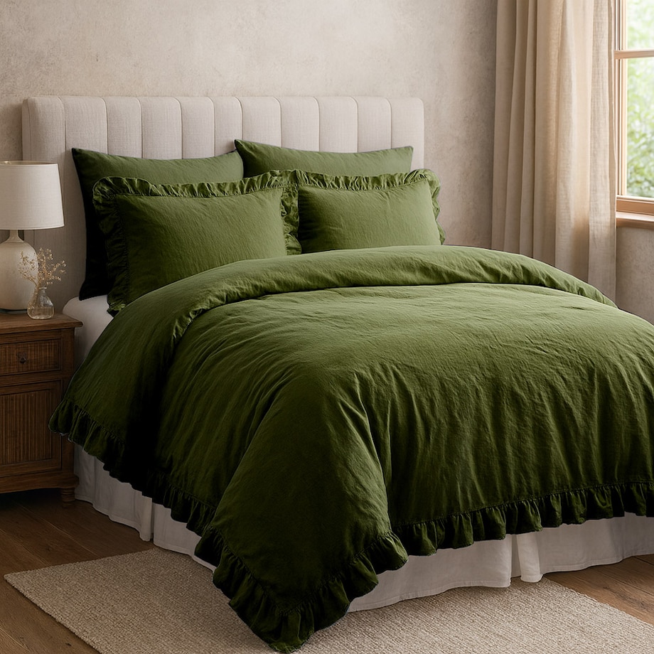 Pościel bawełniana 160x200 z falbanką Stonewashed Exclusive, Oliwka