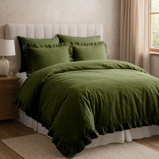 Pościel bawełniana 160x200 z falbanką Stonewashed Exclusive, Oliwka