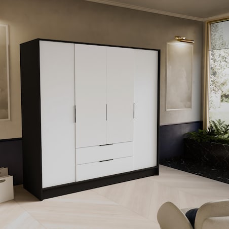 Szafa NIKOLA 200 z regulowanymi półkami, proste fronty- czarny+biały front