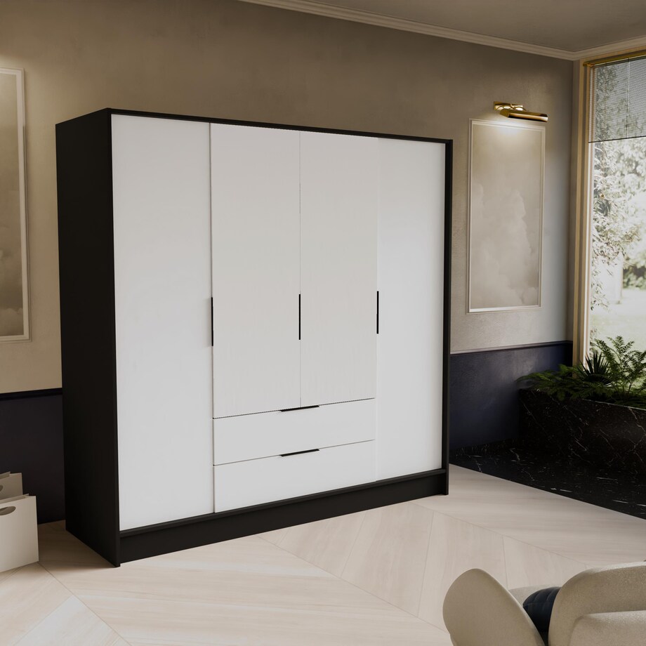 Szafa NIKOLA 200 z regulowanymi półkami, proste fronty- czarny+biały front