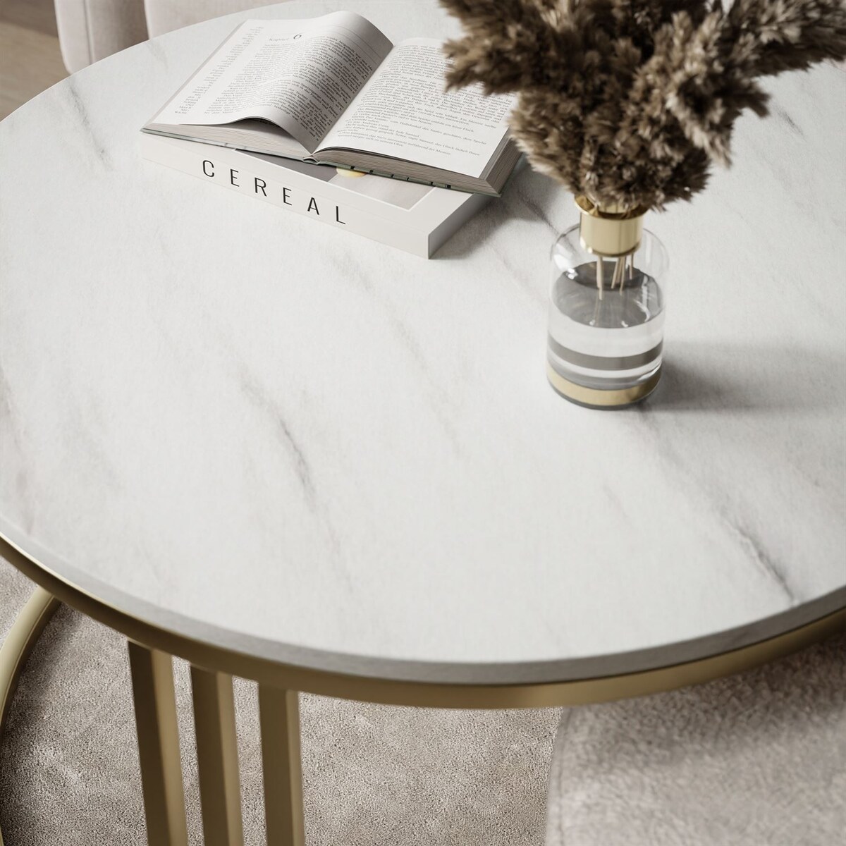 Stolik kawowy z pufą LORI MAT złoto szczotkowane, Marmur Levanto / Perfect Harmony 01