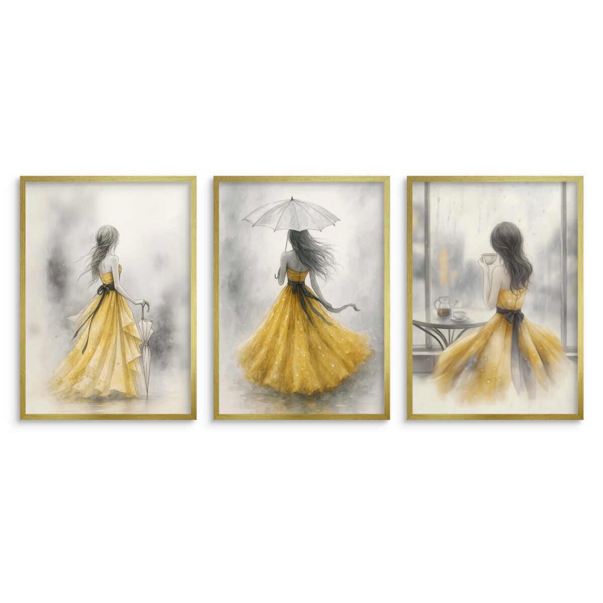 Plakaty na ścianę Złote ramki Akwarela Tryptyk Kobieta Obrazy do salonu