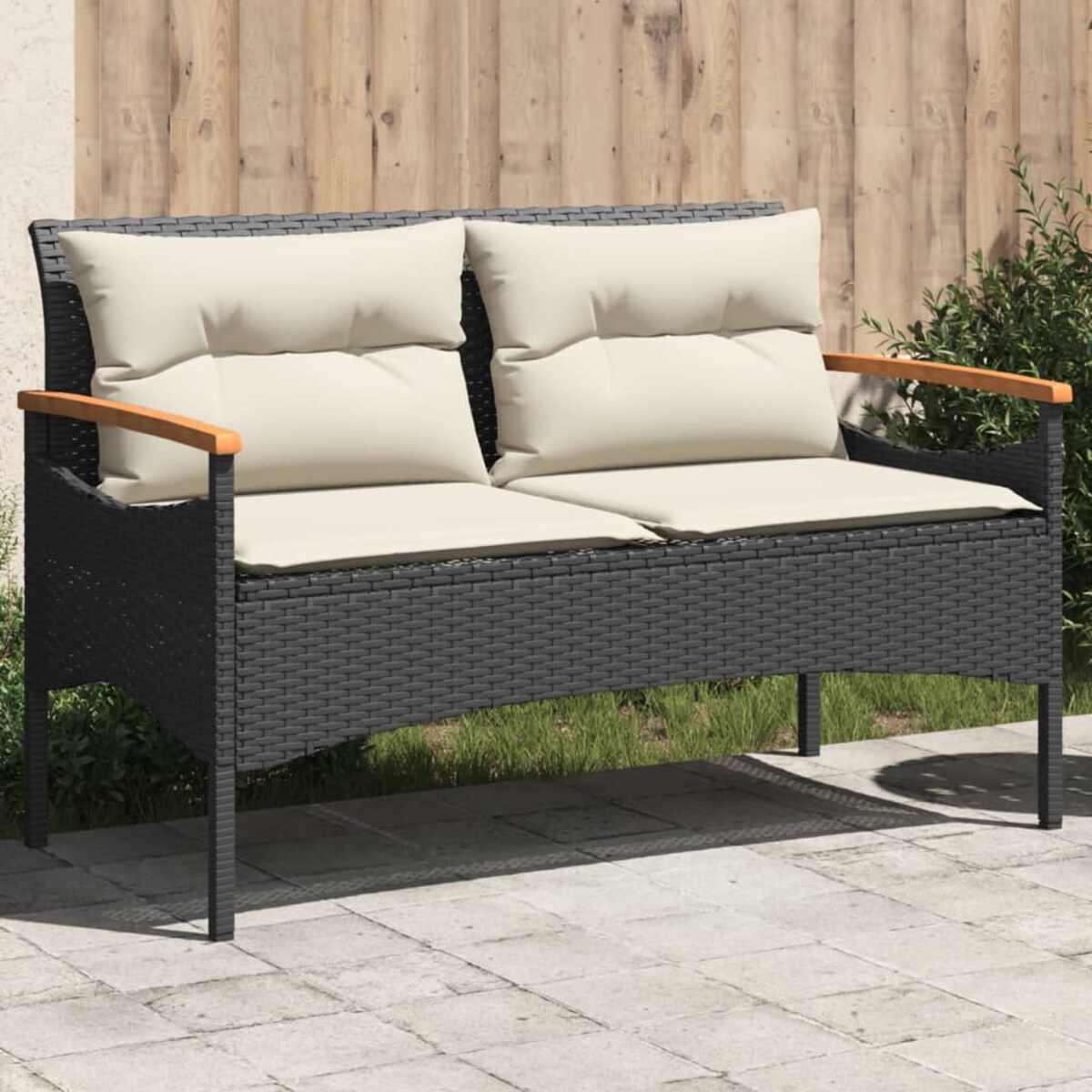 vidaXL Ławka ogrodowa z poduszkami, 116x62,5x74 cm, czarna, polirattan