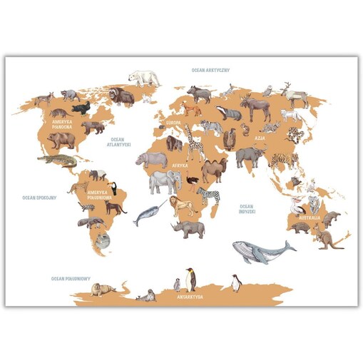 plakat mapa świata zwierzaki 3 70x100 cm