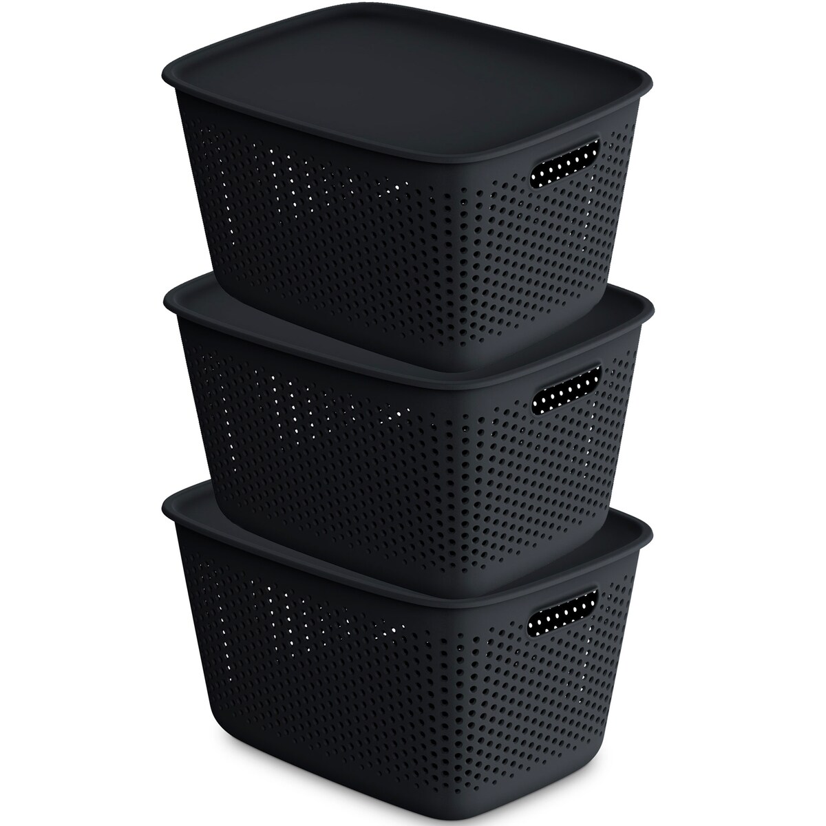 3X Pojemnik Plastikowy Ażurowy Pudełko Z Pokrywą Pojemniki Box 17L Czarny