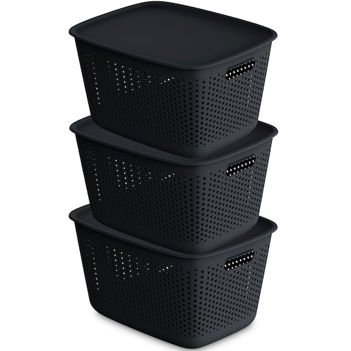 3X Pojemnik Plastikowy Ażurowy Pudełko Z Pokrywą Pojemniki Box 17L Czarny