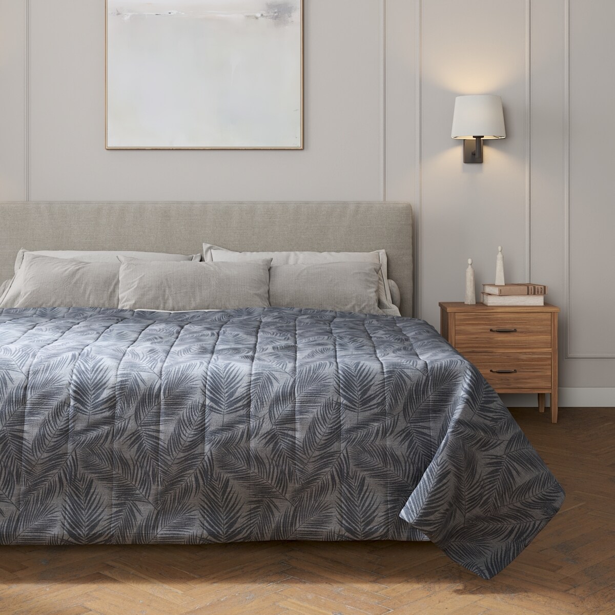 Narzuta pikowana w pasy 260x210 grafitowe liście na szaro-srebrnym tle