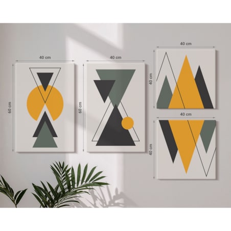 Zestaw 4 obrazów na płótnie - Abstrakcyjne kształty geometria - żółty