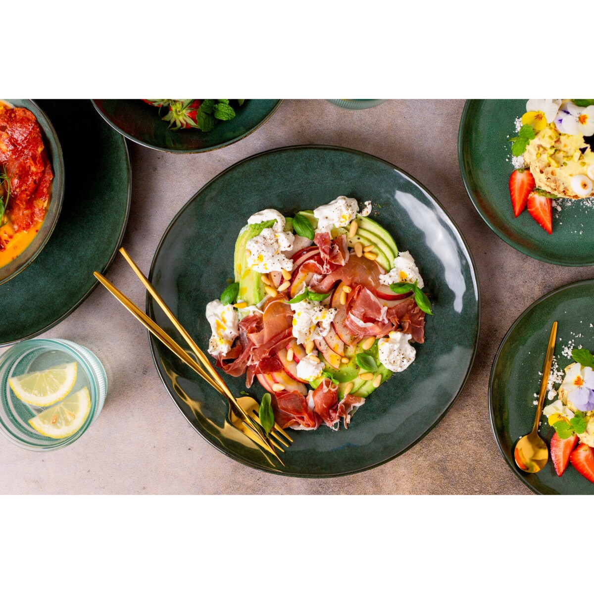 Serwis obiadowy Uminami zielony na 12 osób 36 szt. Nowoczesny Do zmywarki Komplet talerzy