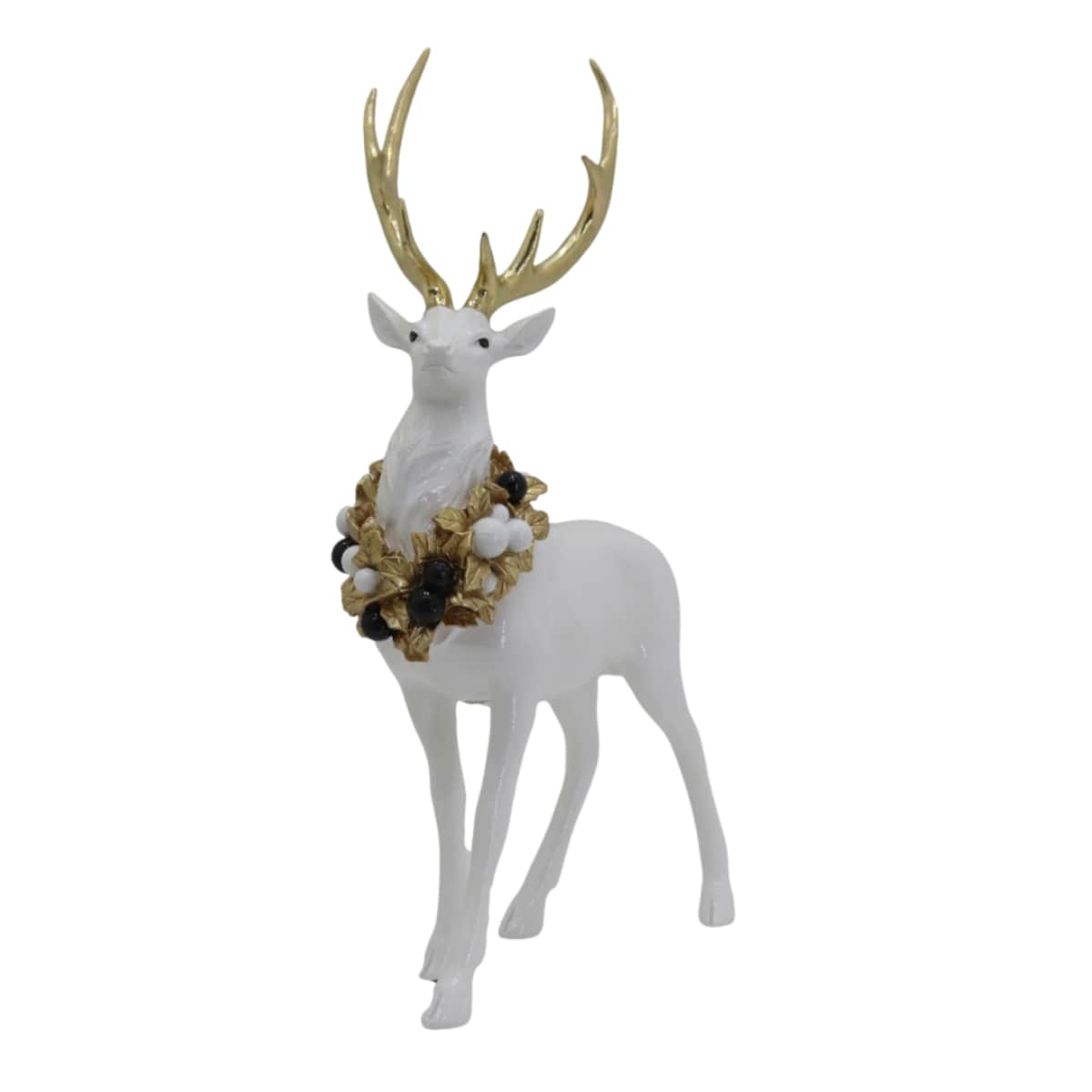 Figurka - stojący renifer biały 45,5x28x14 cm REEN z wieńcem naszyi