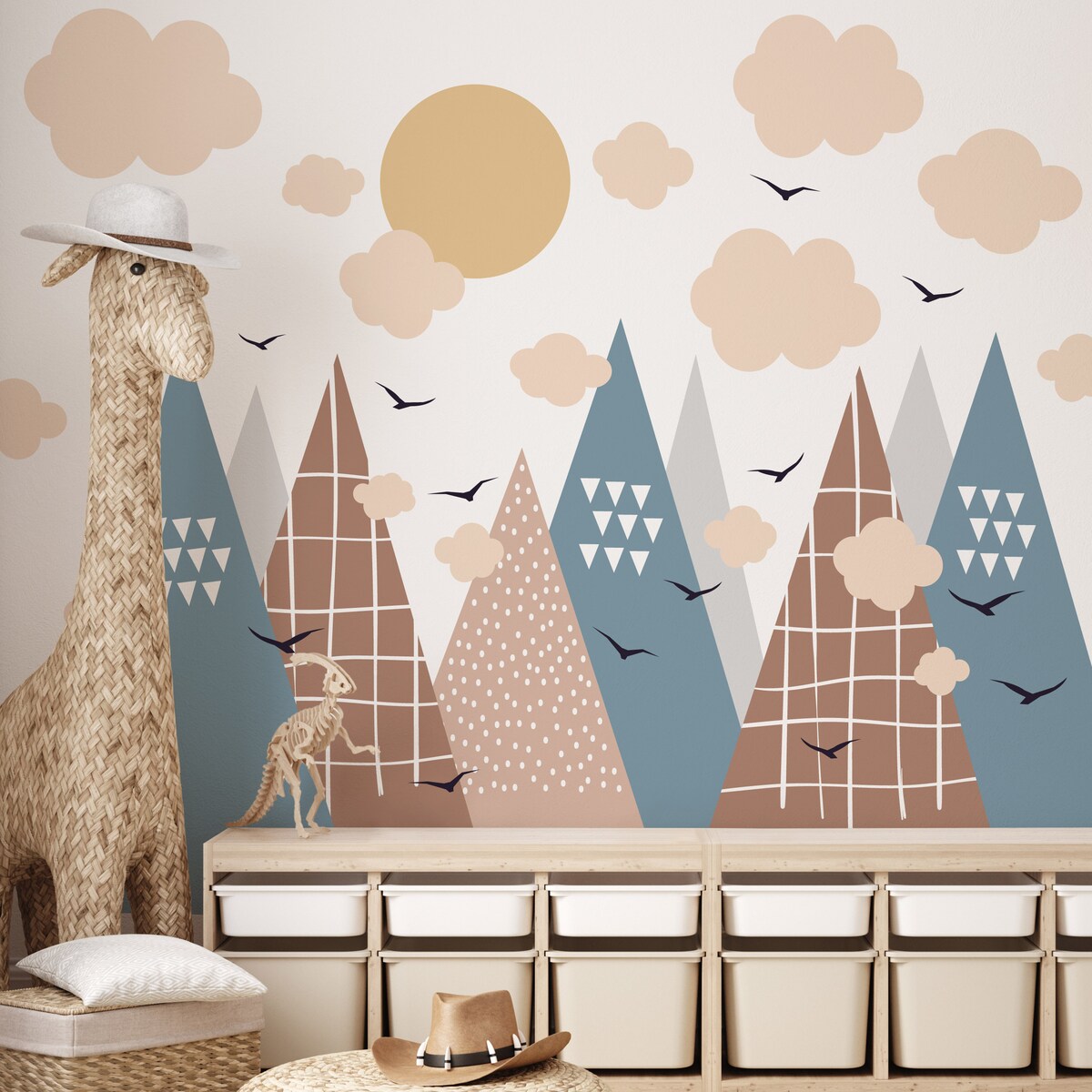 NAKLEJKI NA ŚCIANĘ DLA DZIECI NIEBIESKIE GÓRY STYL SKANDYNAWSKI ZESTAW