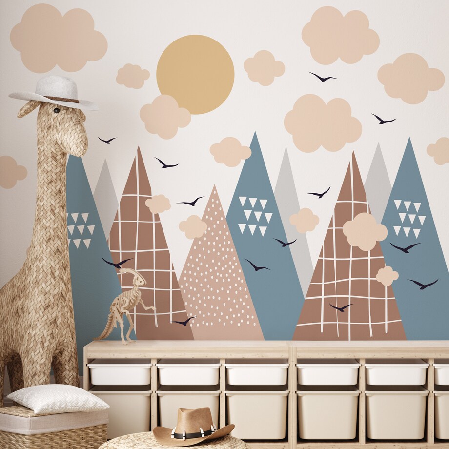 NAKLEJKI NA ŚCIANĘ DLA DZIECI NIEBIESKIE GÓRY STYL SKANDYNAWSKI ZESTAW