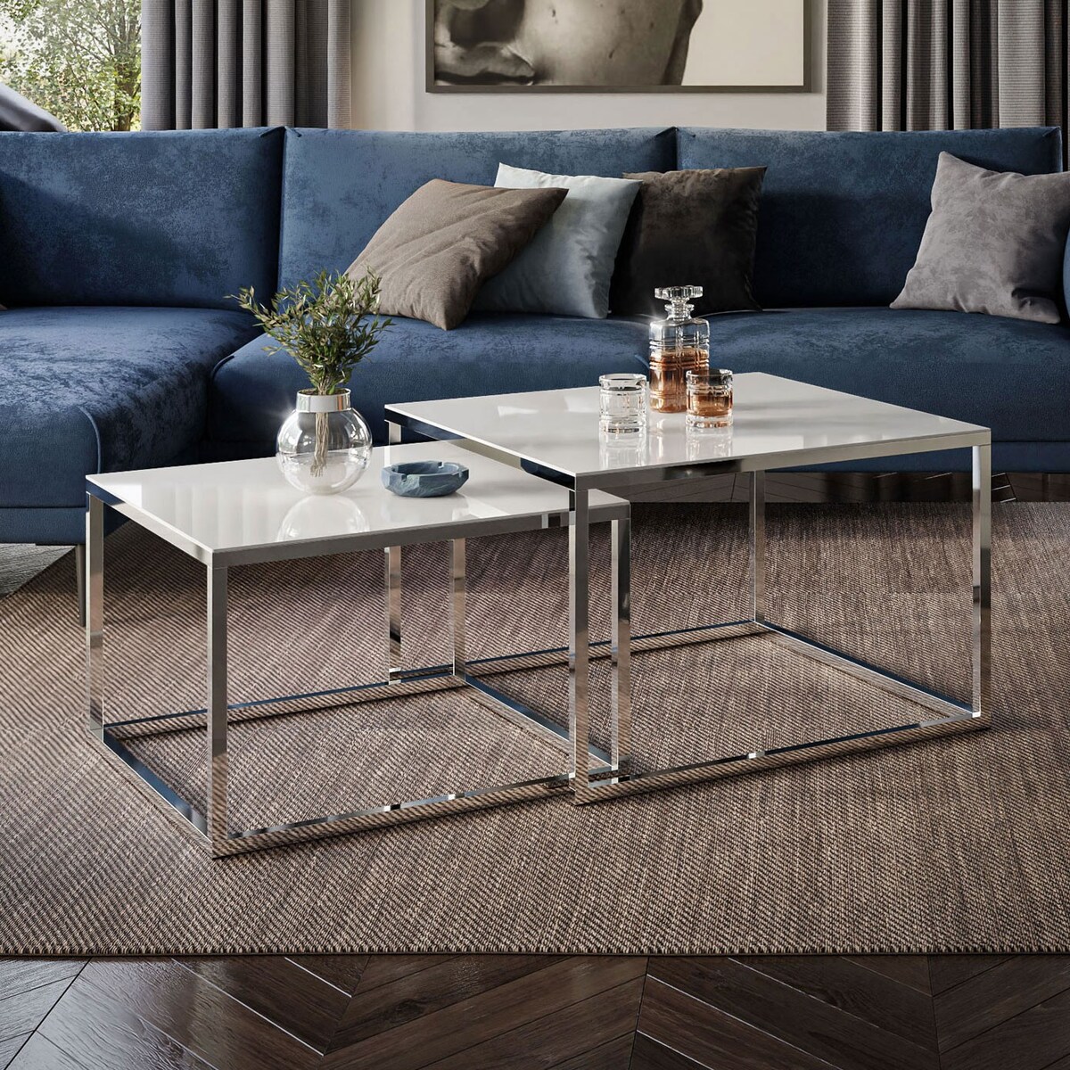 Ława 2w1 YOSHI chrom białe szkło 35/41 cm