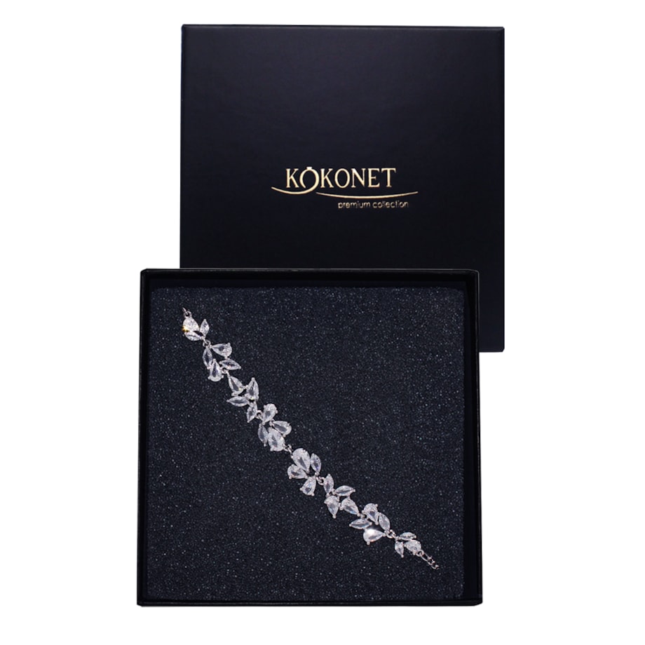 Srebrna bransoletka z listkami cyrkoniami błysk ŚLUB elegancka ozdobna glam